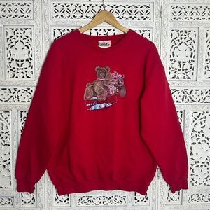 Vtg Northern Reflections Red V Neck Christmas Holiday Teddy Bear Sweatshirt Sz L